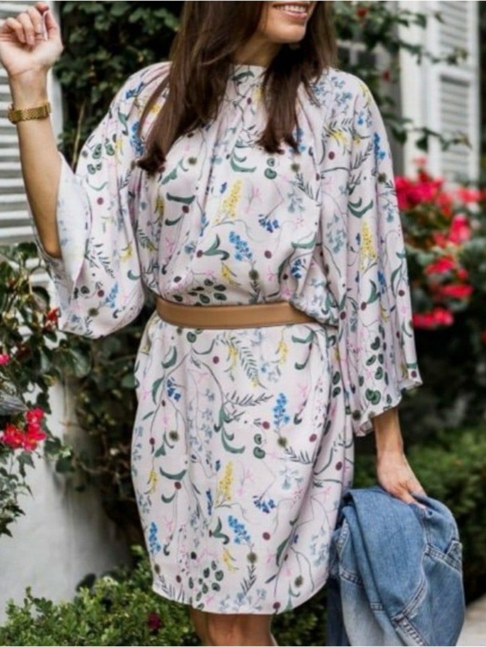 Anna Glover and H&M Cream Floral High-Neck Bell-Sleeve dress